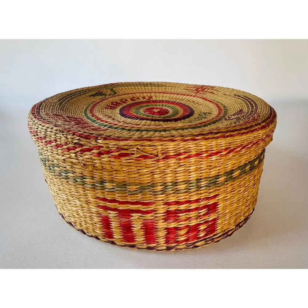 Vintage Handwoven Lidded Sweetgrass Basket with Colorful Geometric Design